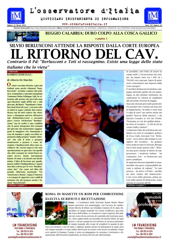 L'osservatore d'Italia edizione del 15 Marzo 2014